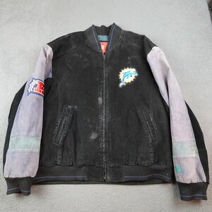 Vintage Miami Dolphins Jacket Mens 2XL Black NFL Football Suede Bomber Coat